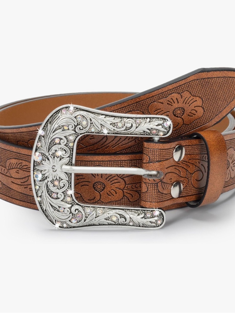Women's Brown Floral Tooled Belt with Decorative Silver Buckle